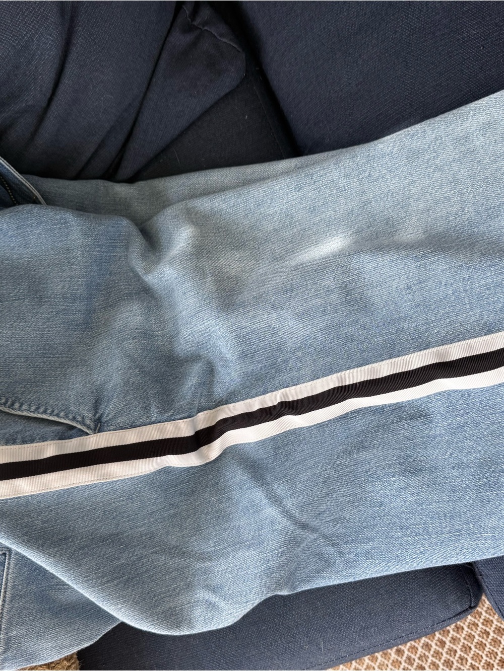 Alice + Olivia Light Blue Denim Jeans with Black and White Side Stripe.